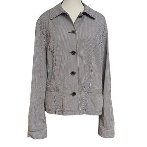 Striped Blazer Coat Black & White Faux Pockets Ruched‎ Back Square Buttons